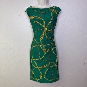 Lauren Ralph Lauren Dress 4 Green Gold Chain Print Sheath Boat Preppy Old Money